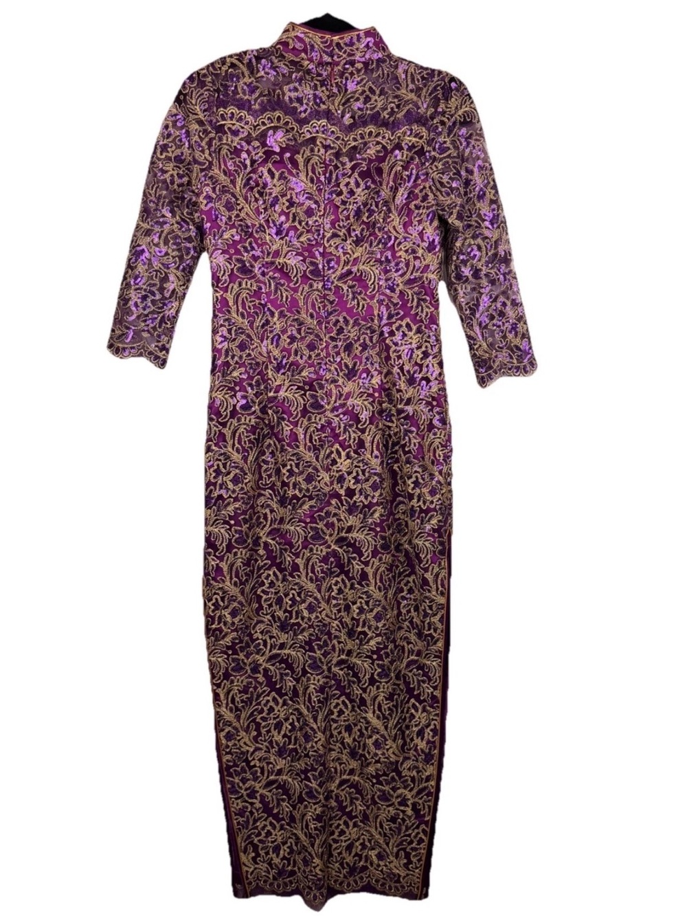 Purple Gold‎ Lace Qipao Dress Chinese Cheongsam Sequin Formal Party Maxi SZ XS
